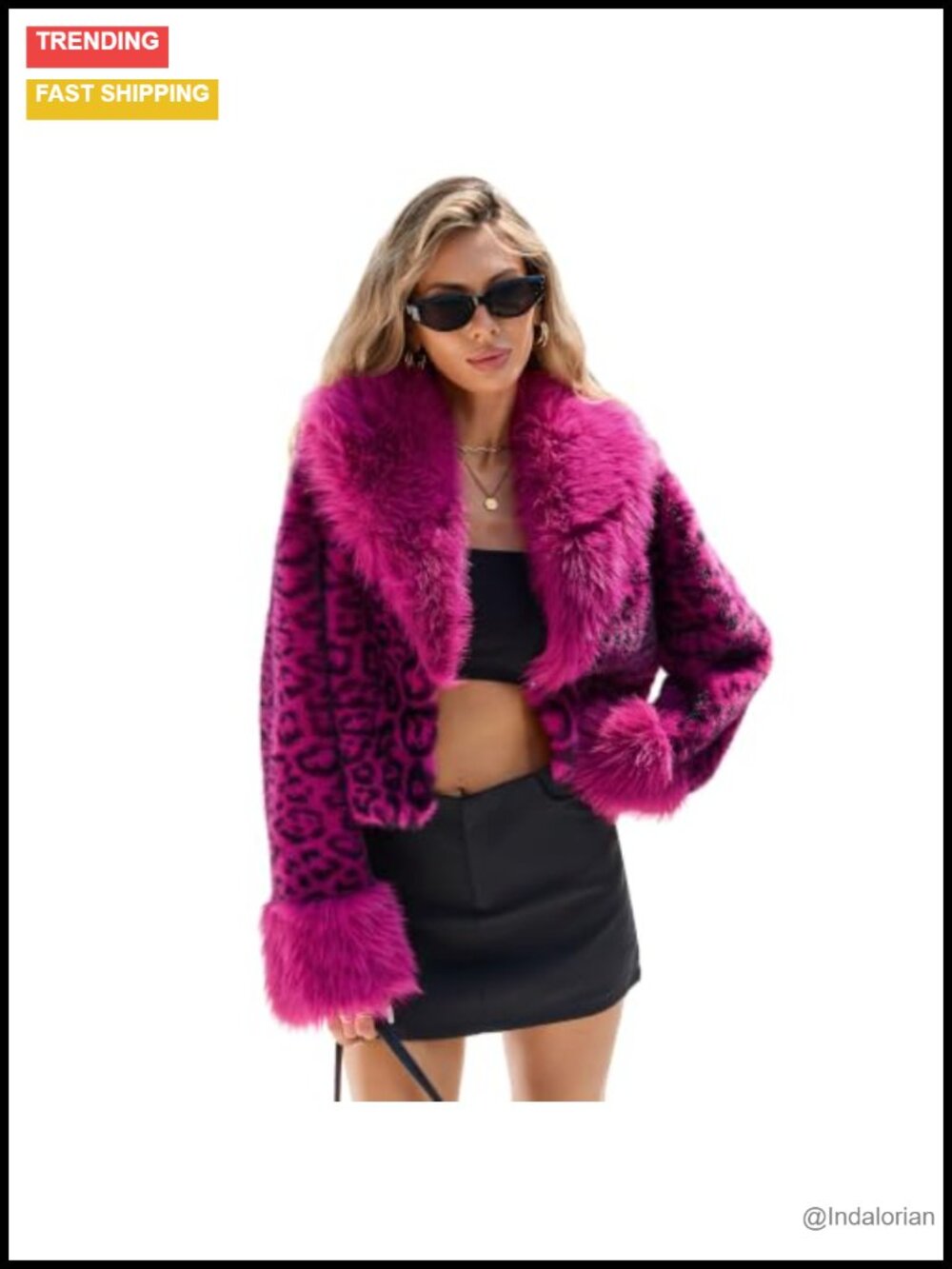 Cropped Faux Fur Jacket Leopard Print Shawl Collar Button Coat